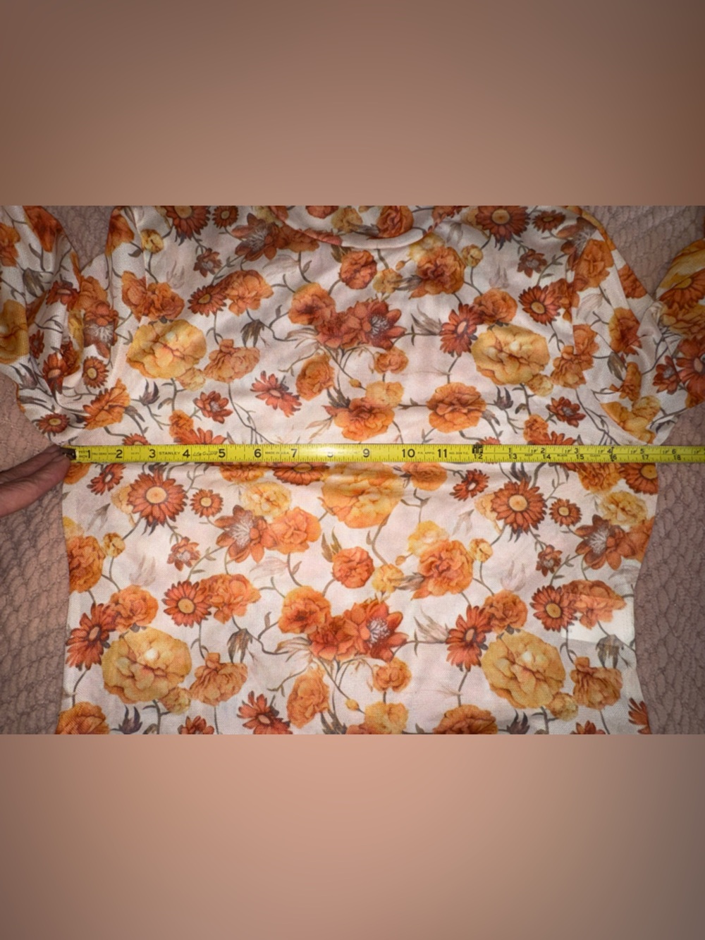 Orange Floral Printed Bell Sleeve Mock Neck Scallop Trim Blouse size M - Picture 3 of 10